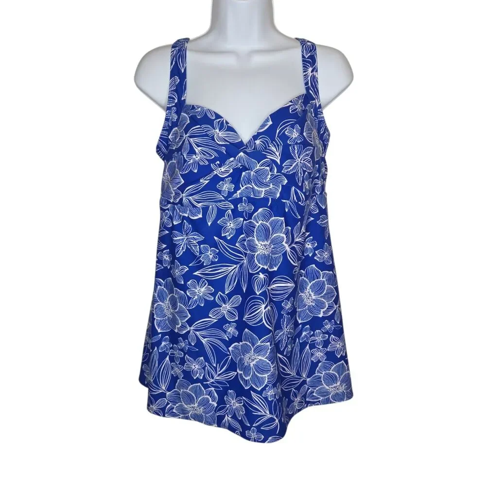 Gabar Blue Floral Sweetheart Swim Dress One-Piece Swimsuit Size 16